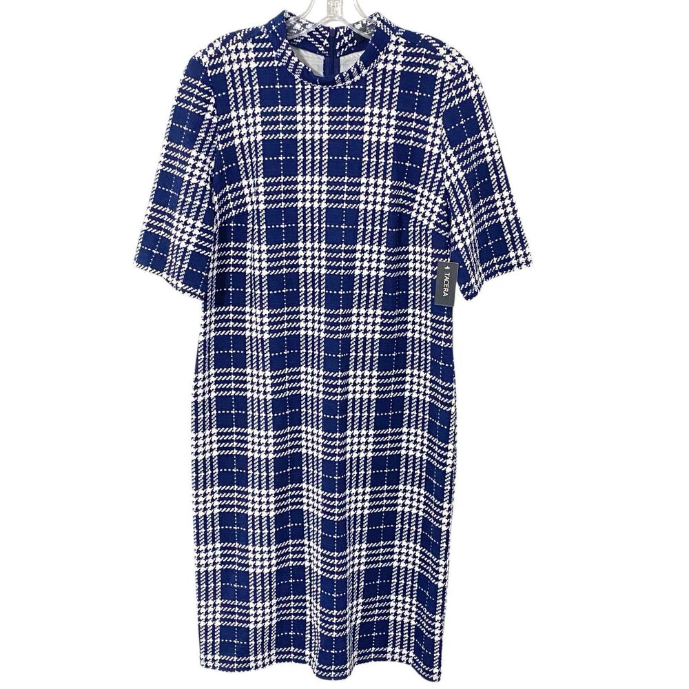 New Tacera Blue White houndstooth plaid L poly stretch knit dress Shift Career